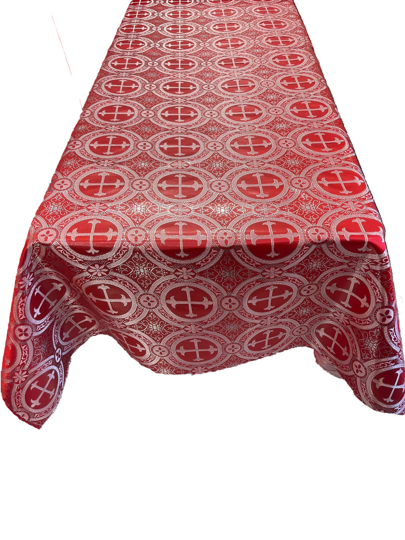 Red/Silver - Rectangular Metallic Cross Brocade Jacquard Satin Tablecloth Overlay/Religious Brocade/Liturgical Fabric/Church.