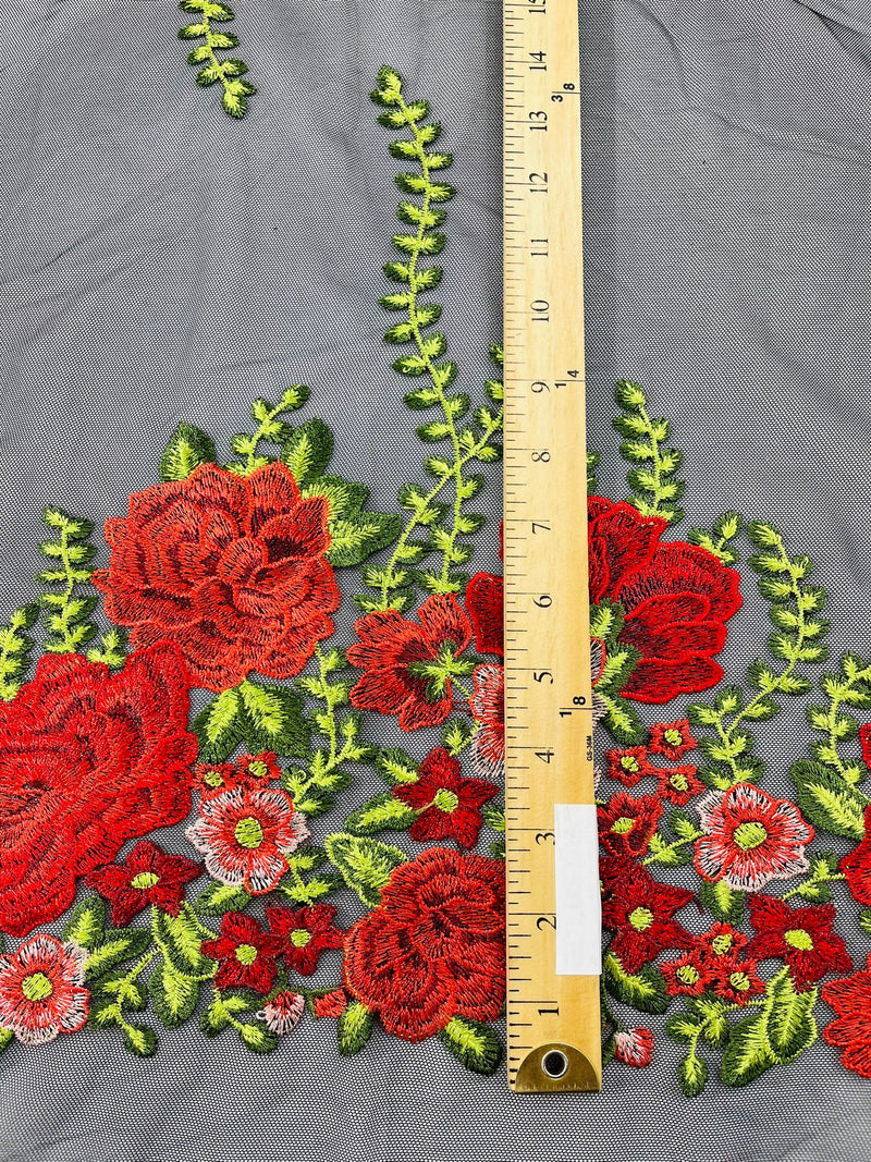 Roses Multi Color Floral Design Embroider On Mesh Lace Fabric (by the yard)