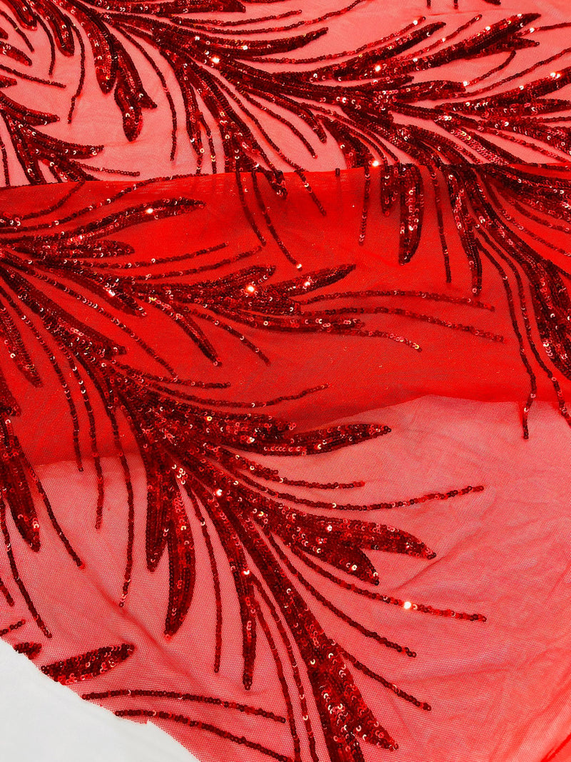 Feather Wing Shiny Sequin Design on a 4 Way Stretch mesh Fabric-Prom-Sold by The Yard.