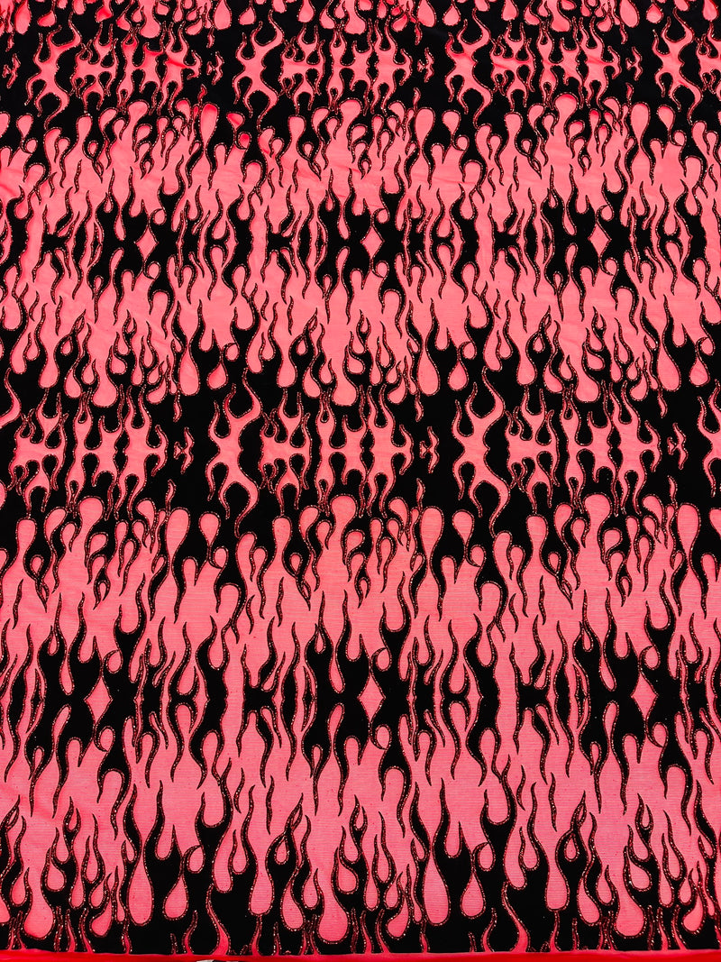 Power Mesh with Black Flocking Flames and Red Glitter Fabric-60” Wide-Hot Rod.