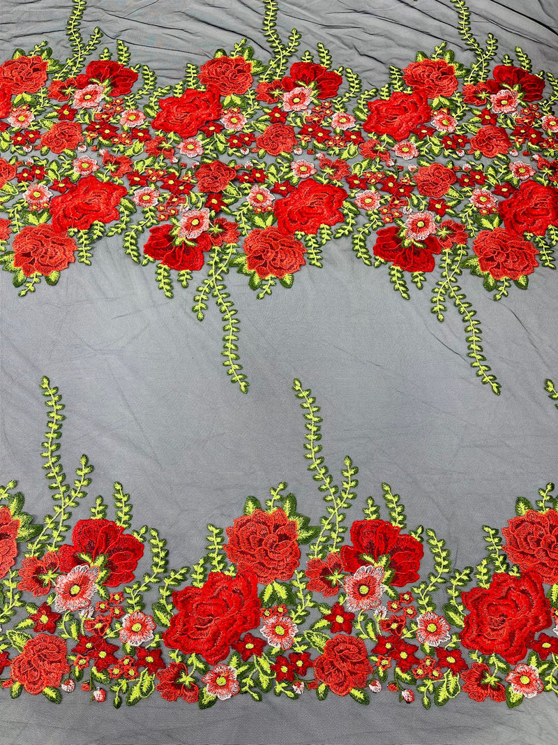 Roses Multi Color Floral Design Embroider On Mesh Lace Fabric (by the yard)