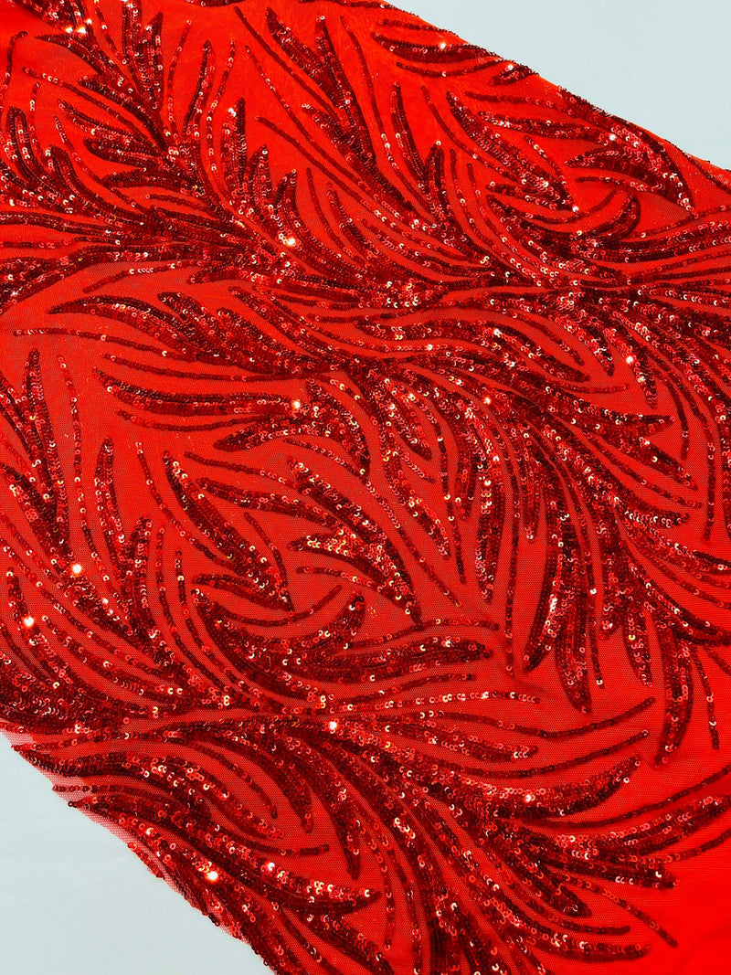 Feather Wing Shiny Sequin Design on a 4 Way Stretch mesh Fabric-Prom-Sold by The Yard.