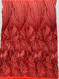 Geometric Feather wing shiny sequin design on a 4 way stretch mesh Fabric-prom-sold by the yard.