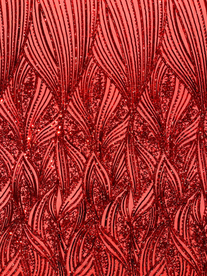 Geometric Feather wing shiny sequin design on a 4 way stretch mesh Fabric-prom-sold by the yard.