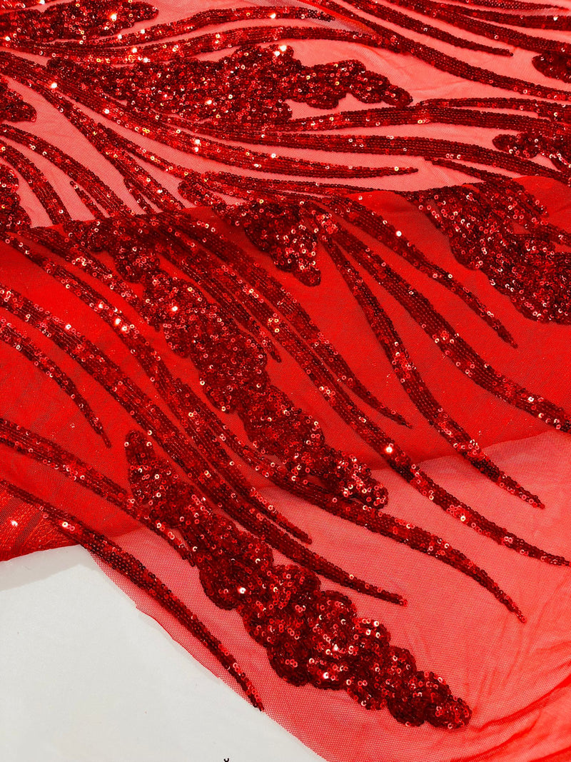 Feather damask shiny sequin design on a 4 way stretch mesh Fabric-prom-sold by The yard.