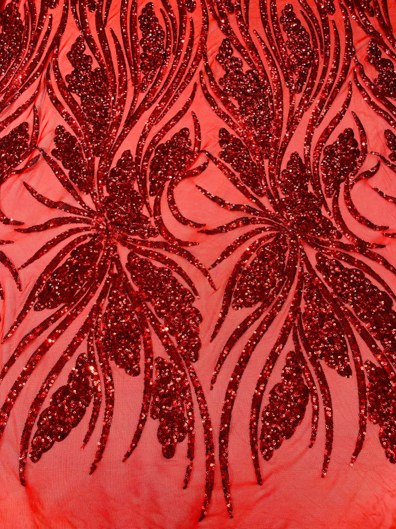 Feather damask shiny sequin design on a 4 way stretch mesh Fabric-prom-sold by The yard.