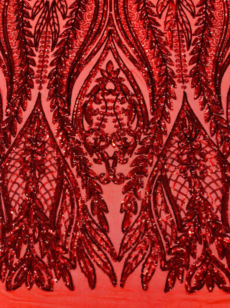 Damask design with sequins embroider on a 4 way stretch mesh fabric.