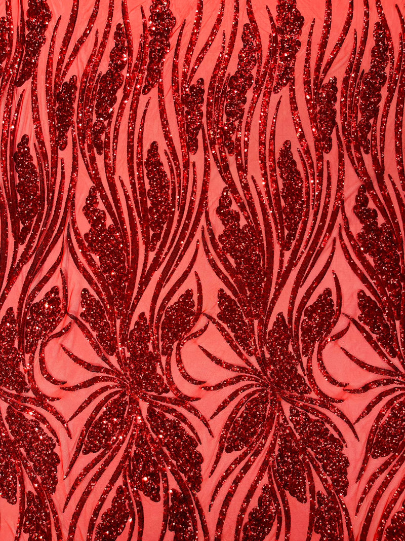 Feather damask shiny sequin design on a 4 way stretch mesh Fabric-prom-sold by The yard.