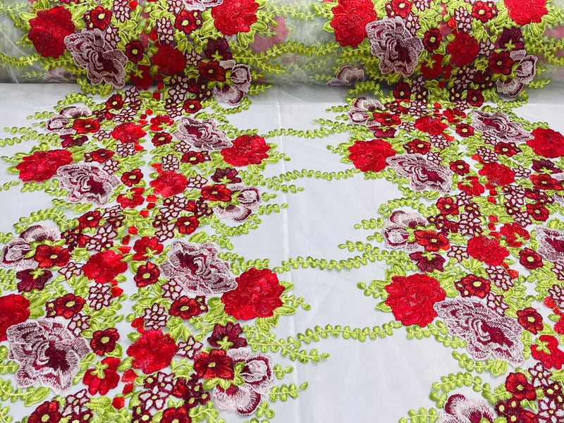 Roses Multi Color Floral Design Embroider On Mesh Lace Fabric (by the yard)