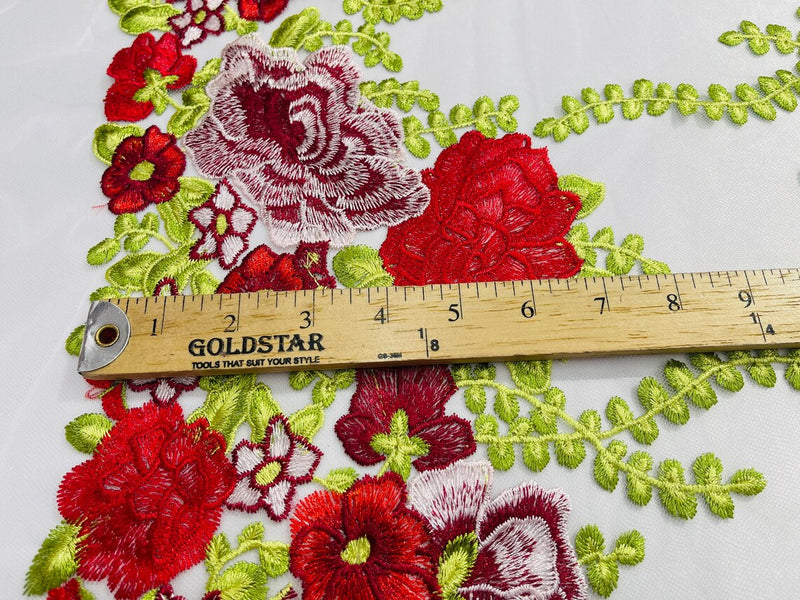 Roses Multi Color Floral Design Embroider On Mesh Lace Fabric (by the yard)