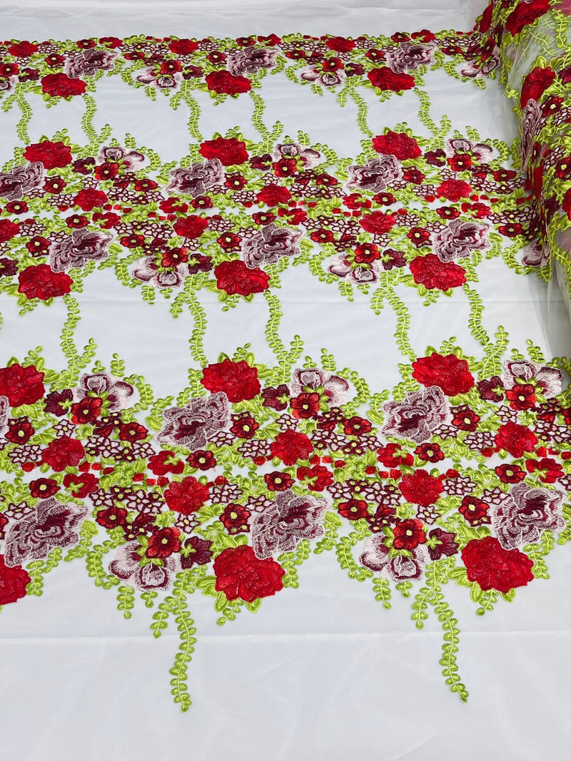 Roses Multi Color Floral Design Embroider On Mesh Lace Fabric (by the yard)