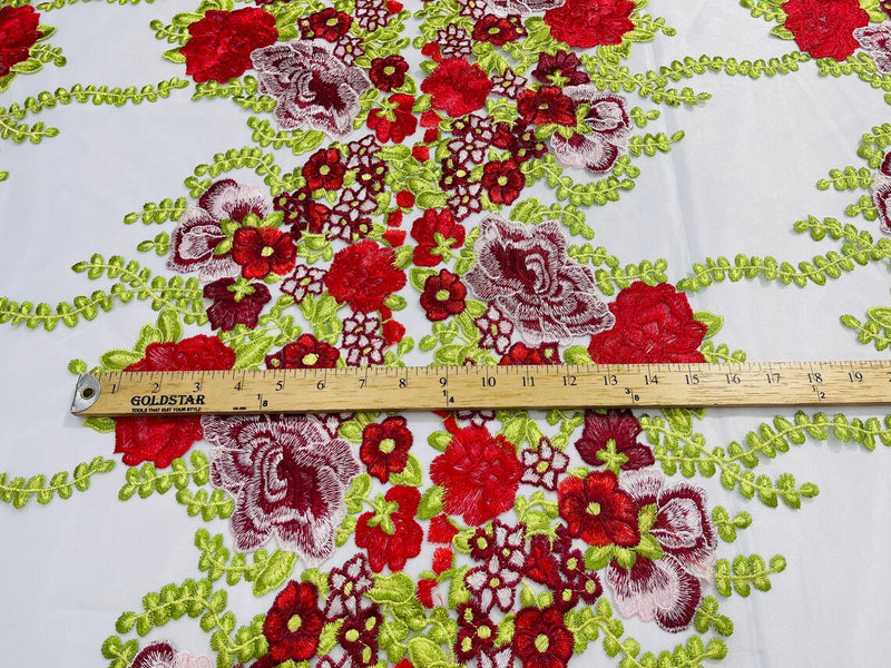 Roses Multi Color Floral Design Embroider On Mesh Lace Fabric (by the yard)