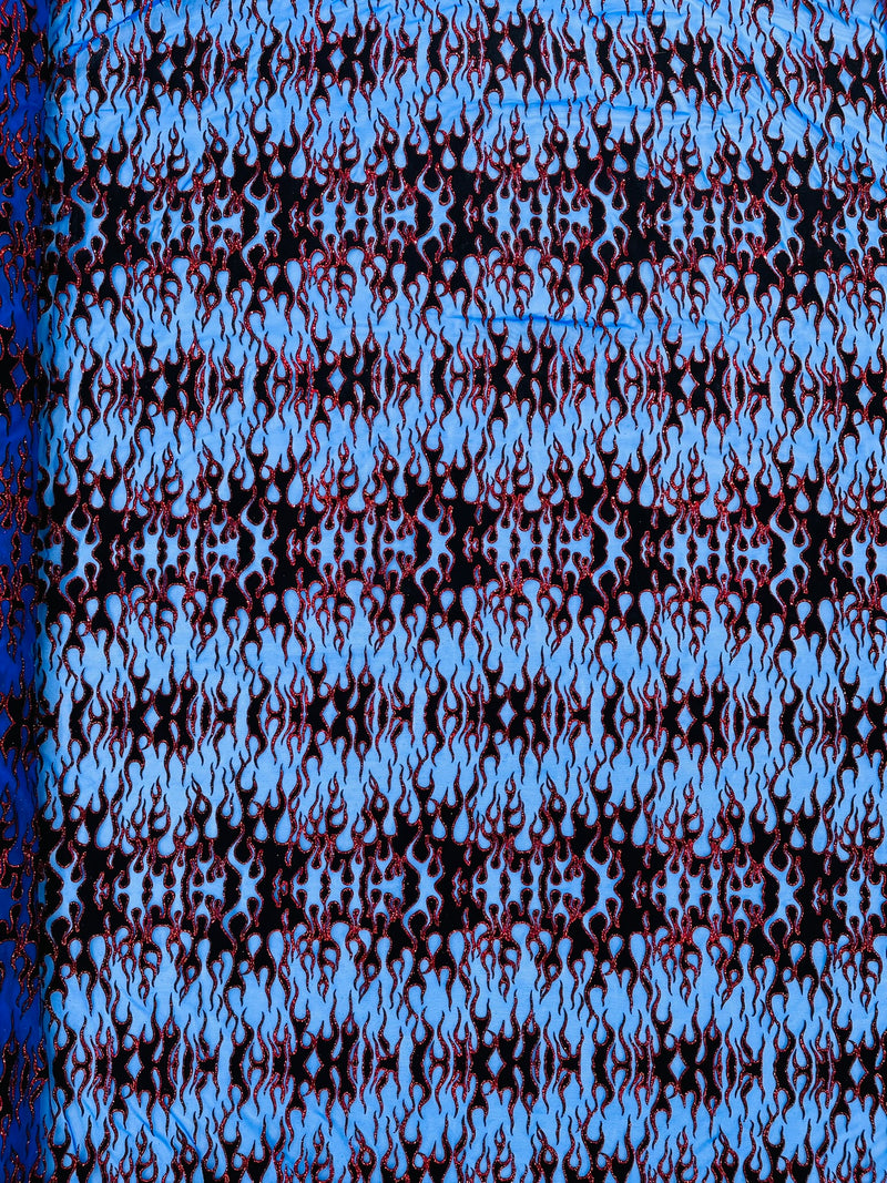 Power Mesh with Black Flocking Flames and Red Glitter Fabric-60” Wide-Hot Rod.