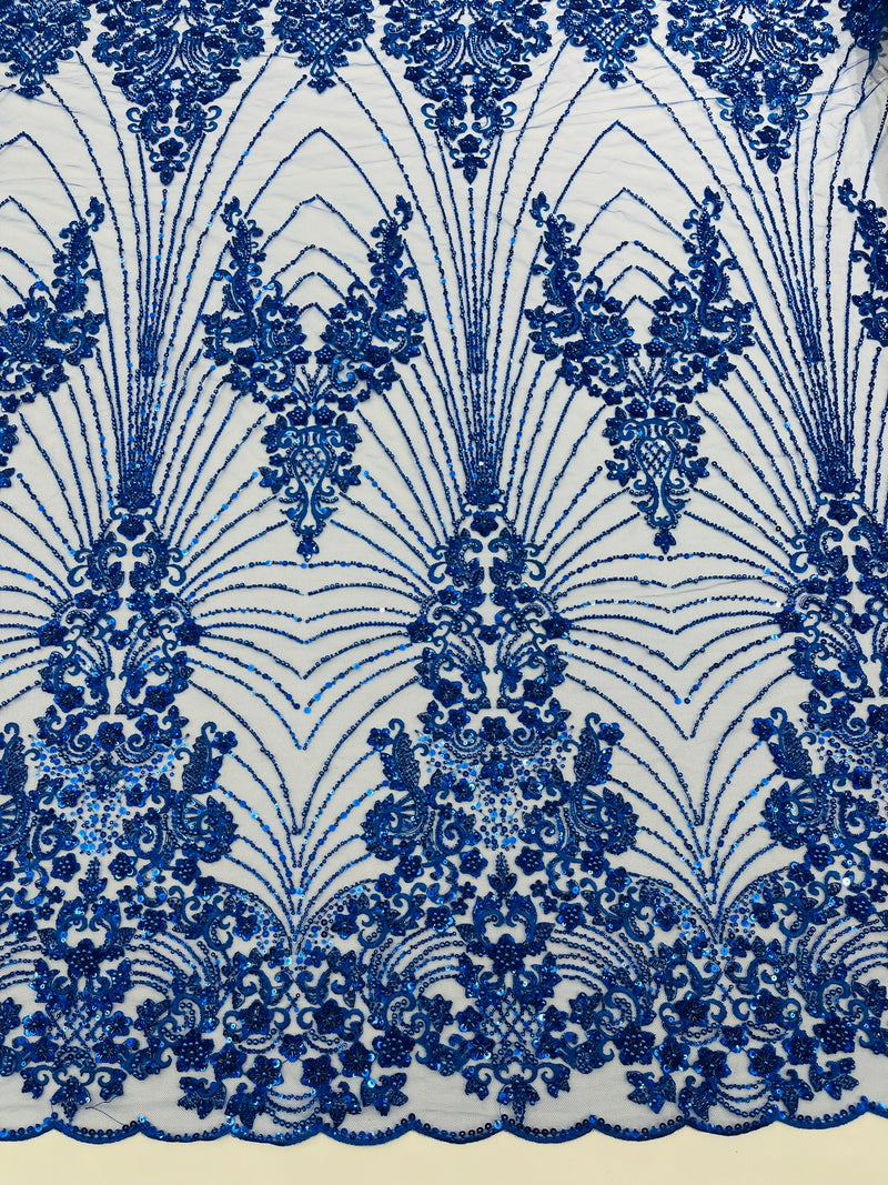 Royalty Damask Beaded Lace Luxury on Mesh, by The Yard.