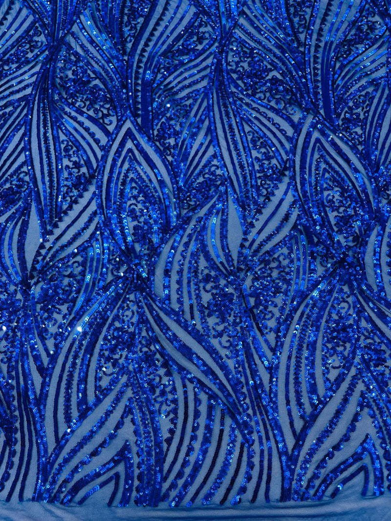 Geometric Feather wing shiny sequin design on a 4 way stretch mesh Fabric-prom-sold by the yard.