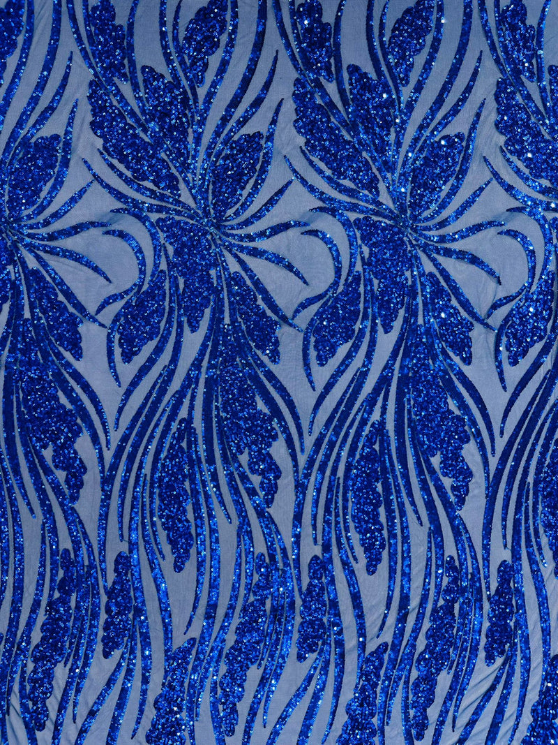 Feather damask shiny sequin design on a 4 way stretch mesh Fabric-prom-sold by The yard.