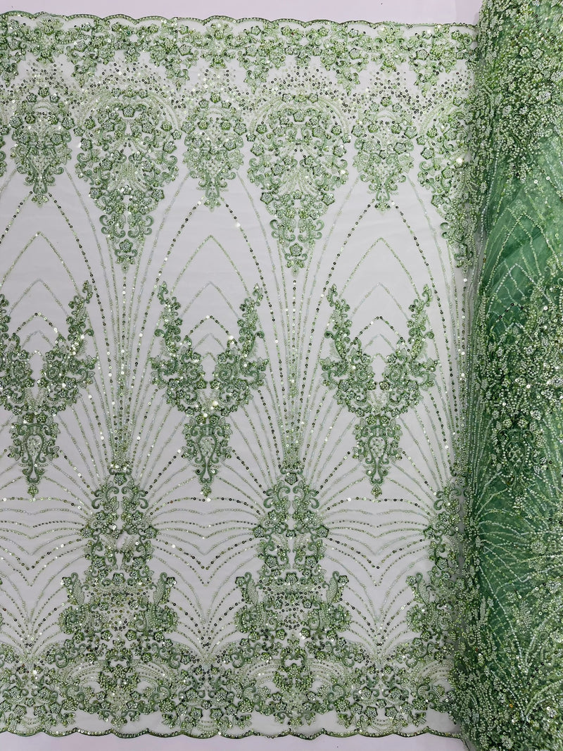 Royalty Damask Beaded Lace Luxury on Mesh, by The Yard.