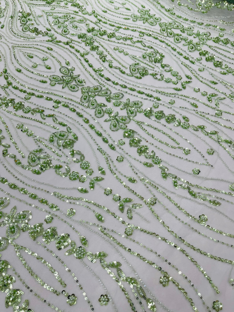 Modern Luxury Beaded Fabric Embroidered on a Mesh Lace, Sold by The Yard.