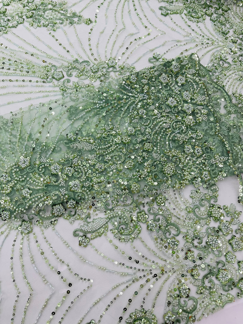 Royalty Damask Beaded Lace Luxury on Mesh, by The Yard.