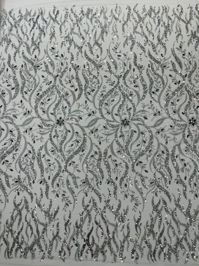 JEWEL VINE BEADED LACE ON MESH FABRIC (By The Yard)