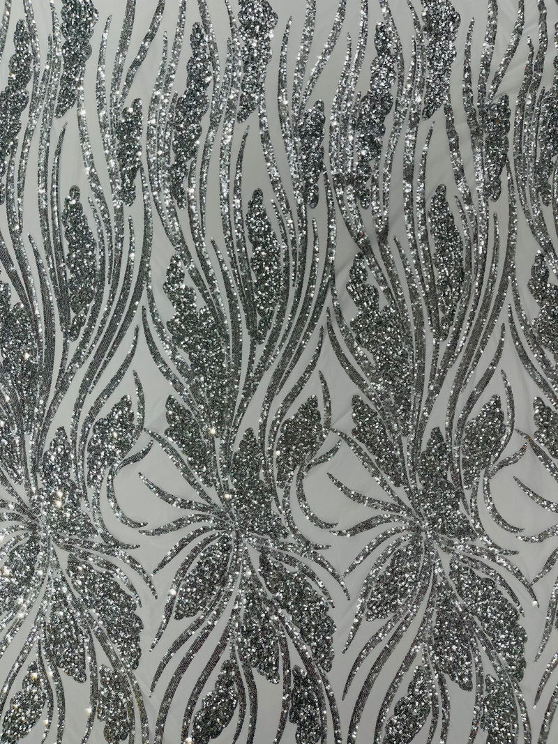 Feather damask shiny sequin design on a 4 way stretch mesh Fabric-prom-sold by The yard.