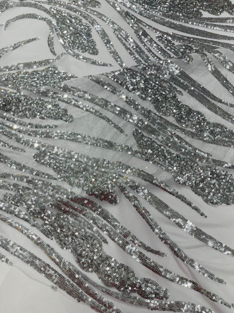 Feather damask shiny sequin design on a 4 way stretch mesh Fabric-prom-sold by The yard.