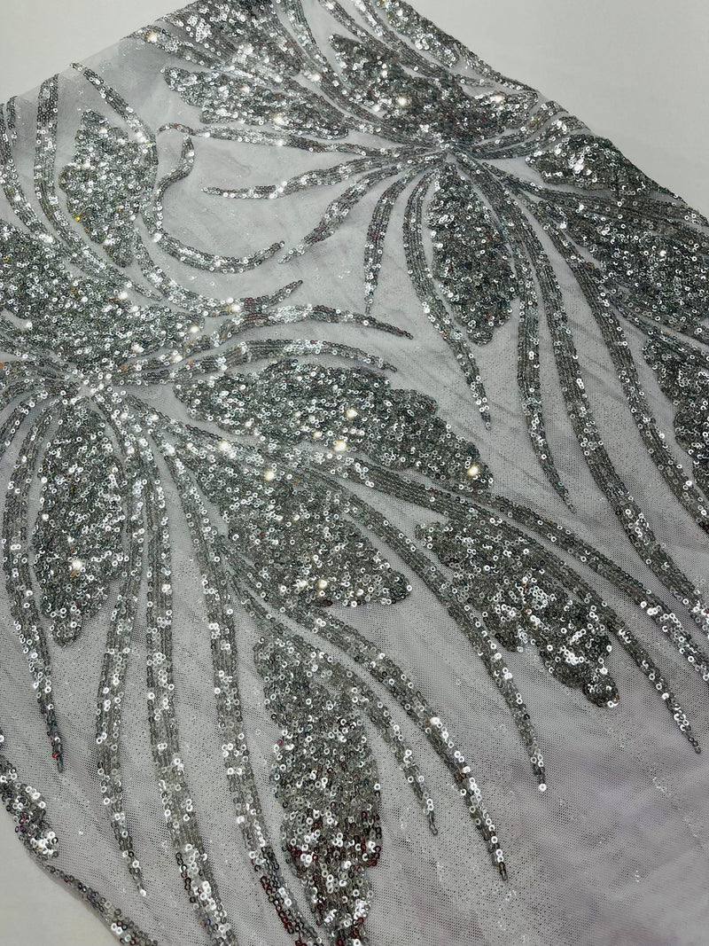 Feather damask shiny sequin design on a 4 way stretch mesh Fabric-prom-sold by The yard.