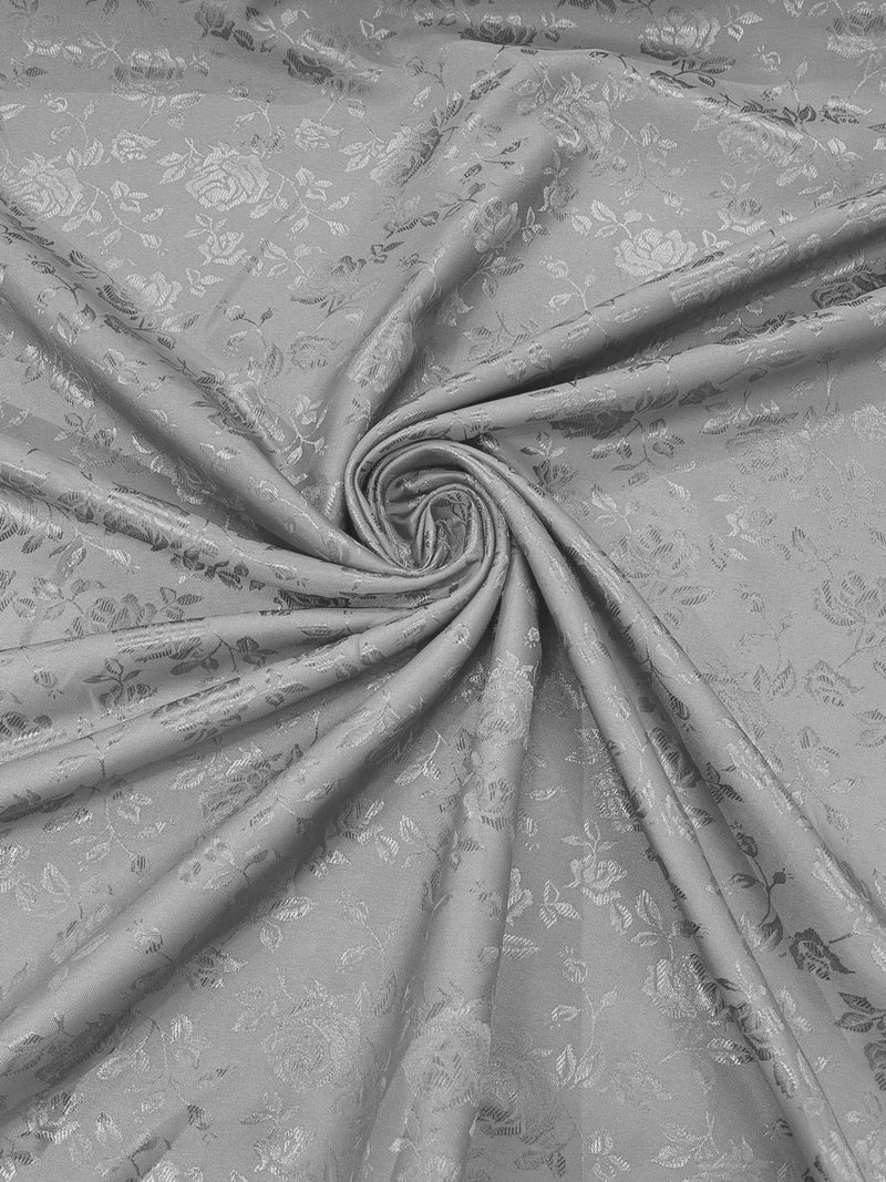 Silver - 60" Wide Polyester /Flowers Brocade Jacquard Satin Fabric/ SoldByTheYard.