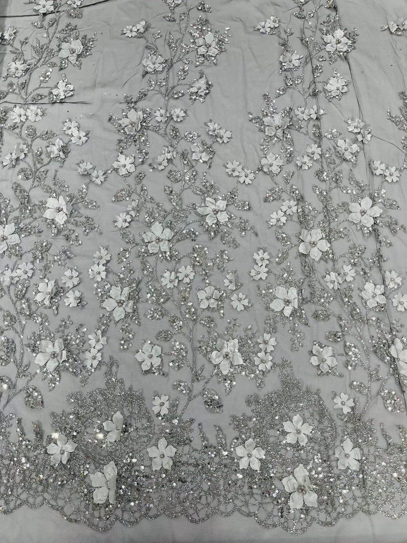 Princess Glitter 3d floral design embroidery with pearls in a mesh lace-sold by the yard.