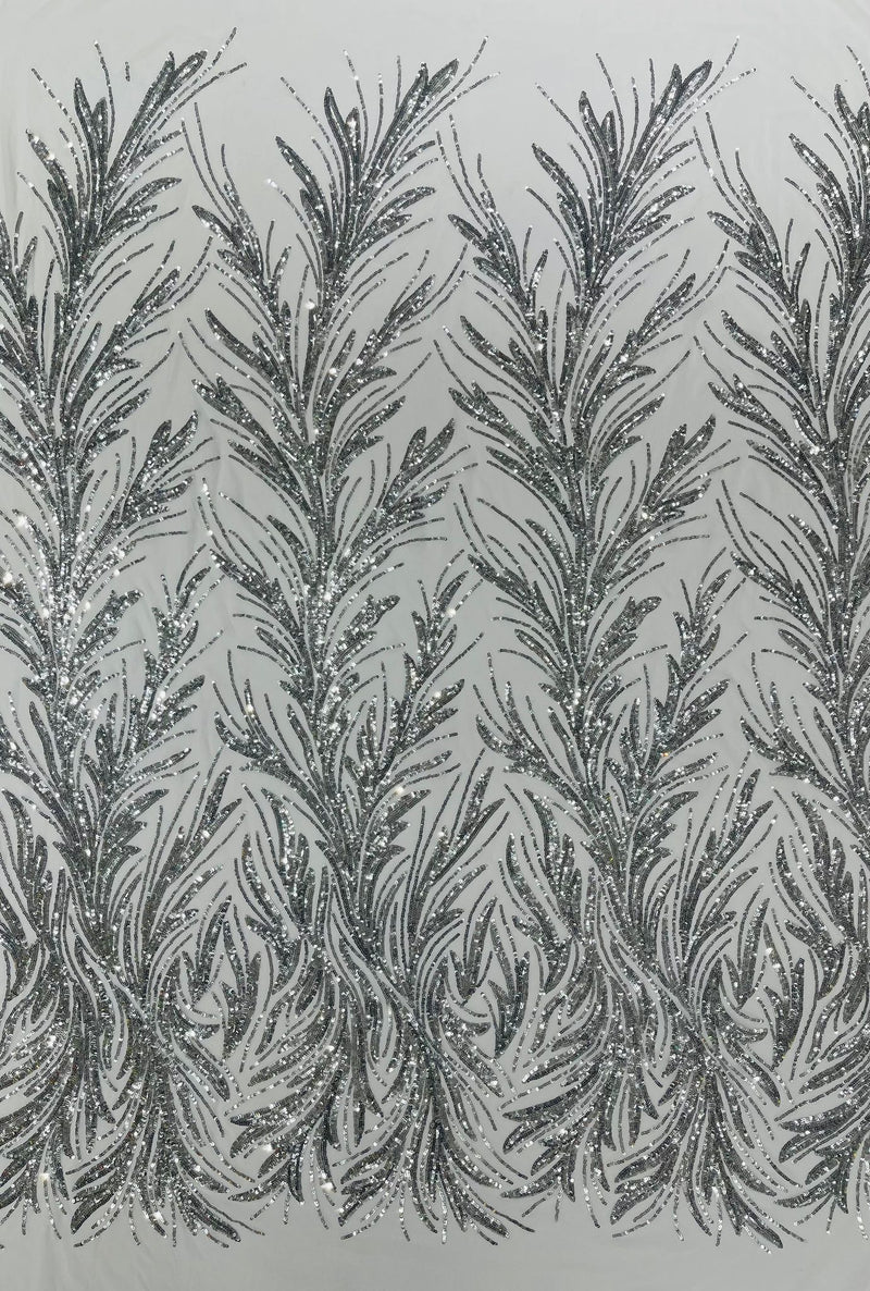 Feather Wing Shiny Sequin Design on a 4 Way Stretch mesh Fabric-Prom-Sold by The Yard.