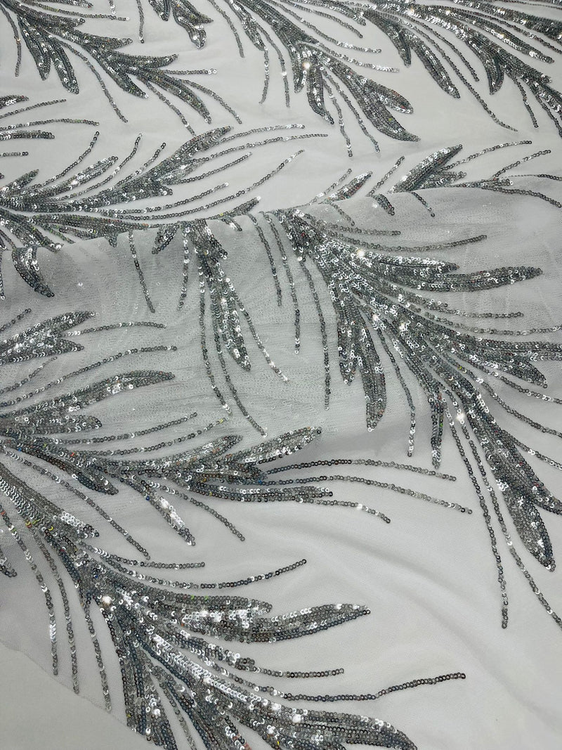 Feather Wing Shiny Sequin Design on a 4 Way Stretch mesh Fabric-Prom-Sold by The Yard.