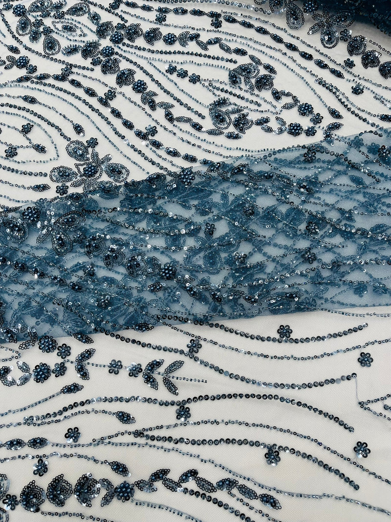 Modern Luxury Beaded Fabric Embroidered on a Mesh Lace, Sold by The Yard.
