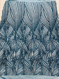 Geometric Feather wing shiny sequin design on a 4 way stretch mesh Fabric-prom-sold by the yard.