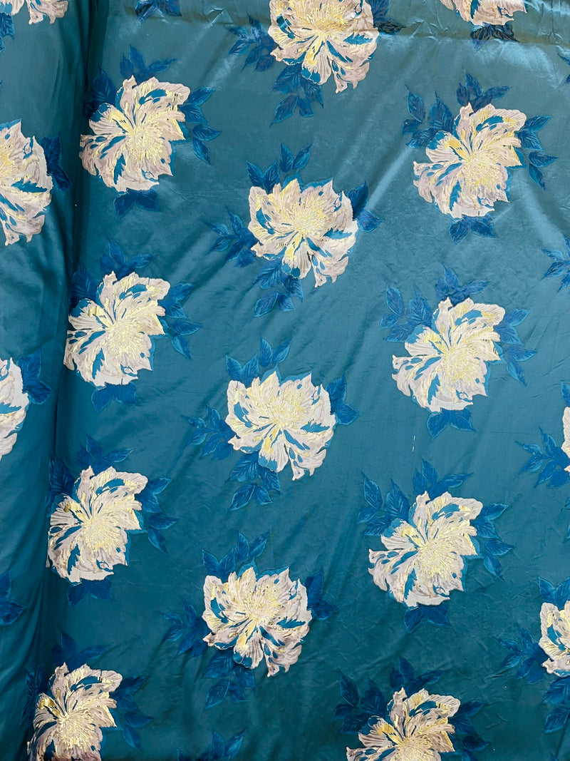 Multi Floral Color Jacquard Satin, Sold by The Yard.