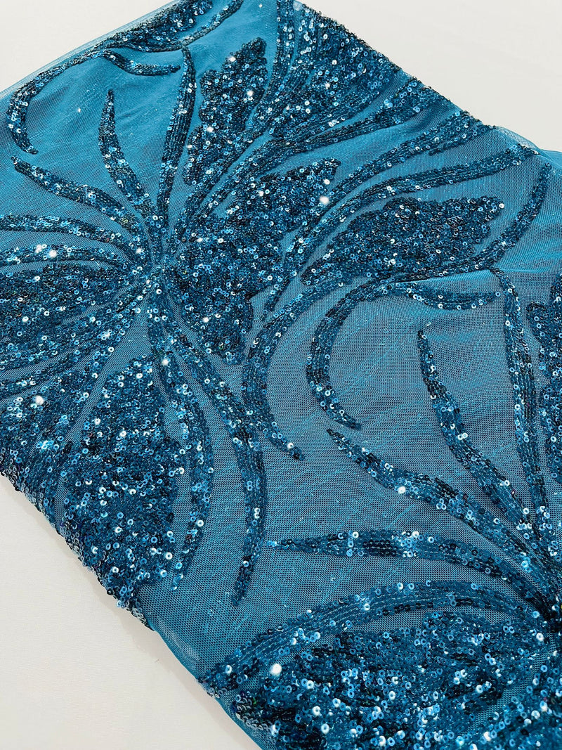 Feather damask shiny sequin design on a 4 way stretch mesh Fabric-prom-sold by The yard.