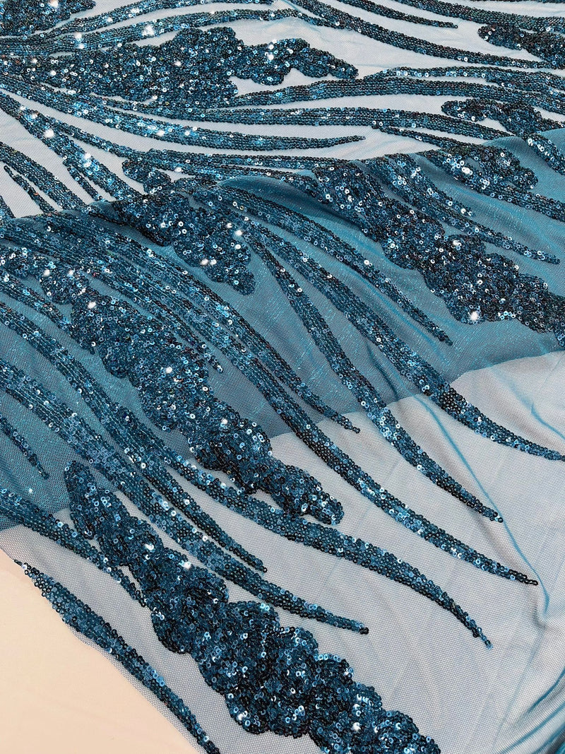 Feather damask shiny sequin design on a 4 way stretch mesh Fabric-prom-sold by The yard.