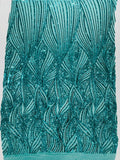 Geometric Feather wing shiny sequin design on a 4 way stretch mesh Fabric-prom-sold by the yard.