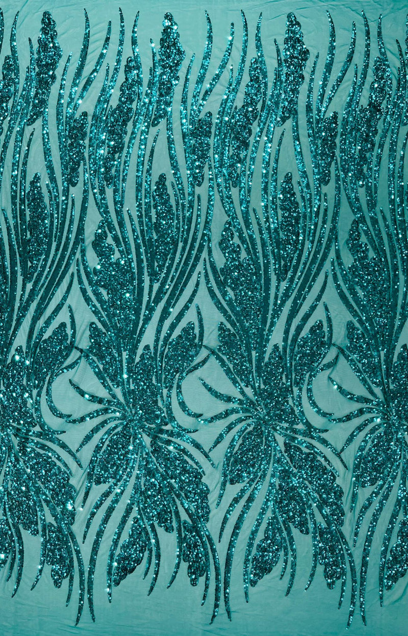 Feather damask shiny sequin design on a 4 way stretch mesh Fabric-prom-sold by The yard.