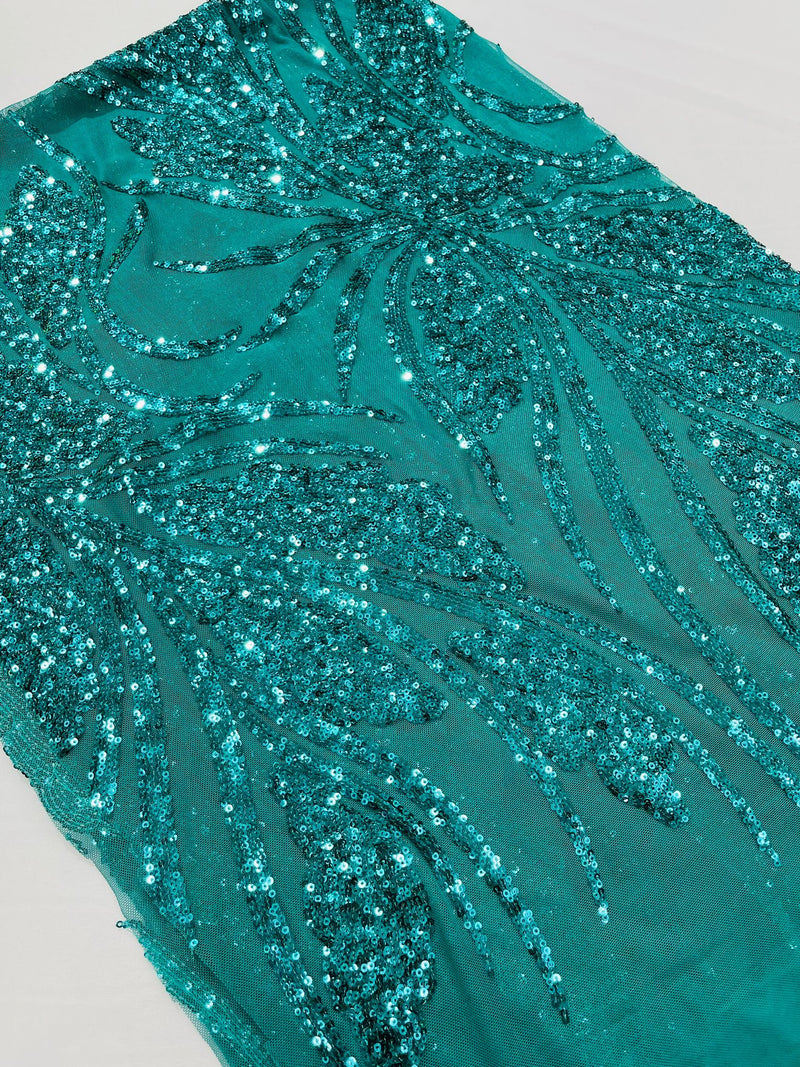 Feather damask shiny sequin design on a 4 way stretch mesh Fabric-prom-sold by The yard.