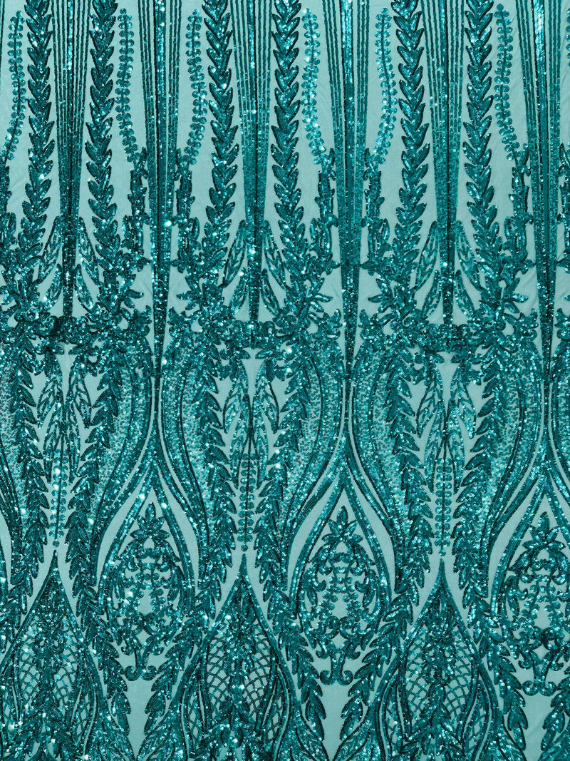 Damask design with sequins embroider on a 4 way stretch mesh fabric.