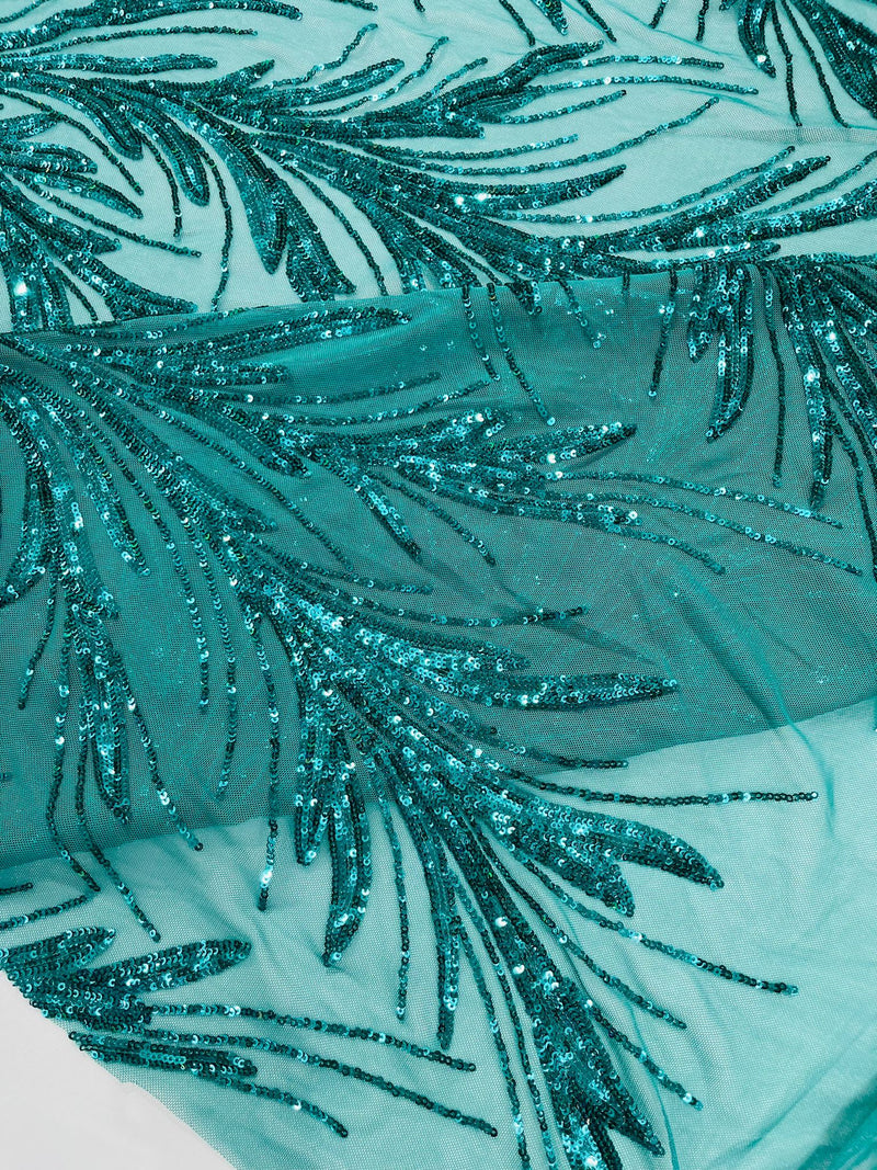 Feather Wing Shiny Sequin Design on a 4 Way Stretch mesh Fabric-Prom-Sold by The Yard.