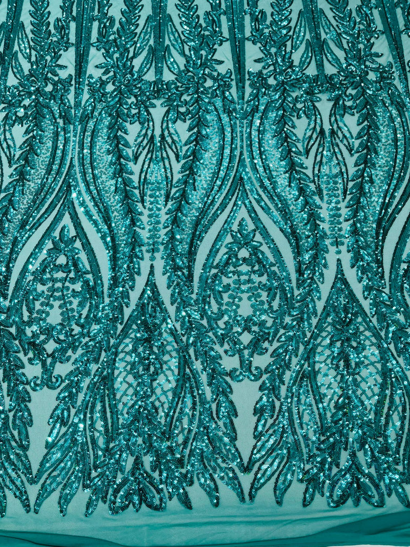 Damask design with sequins embroider on a 4 way stretch mesh fabric.