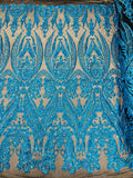 Empire Damask design with sequins embroider on a 4 way stretch mesh fabric-sold by the yard.