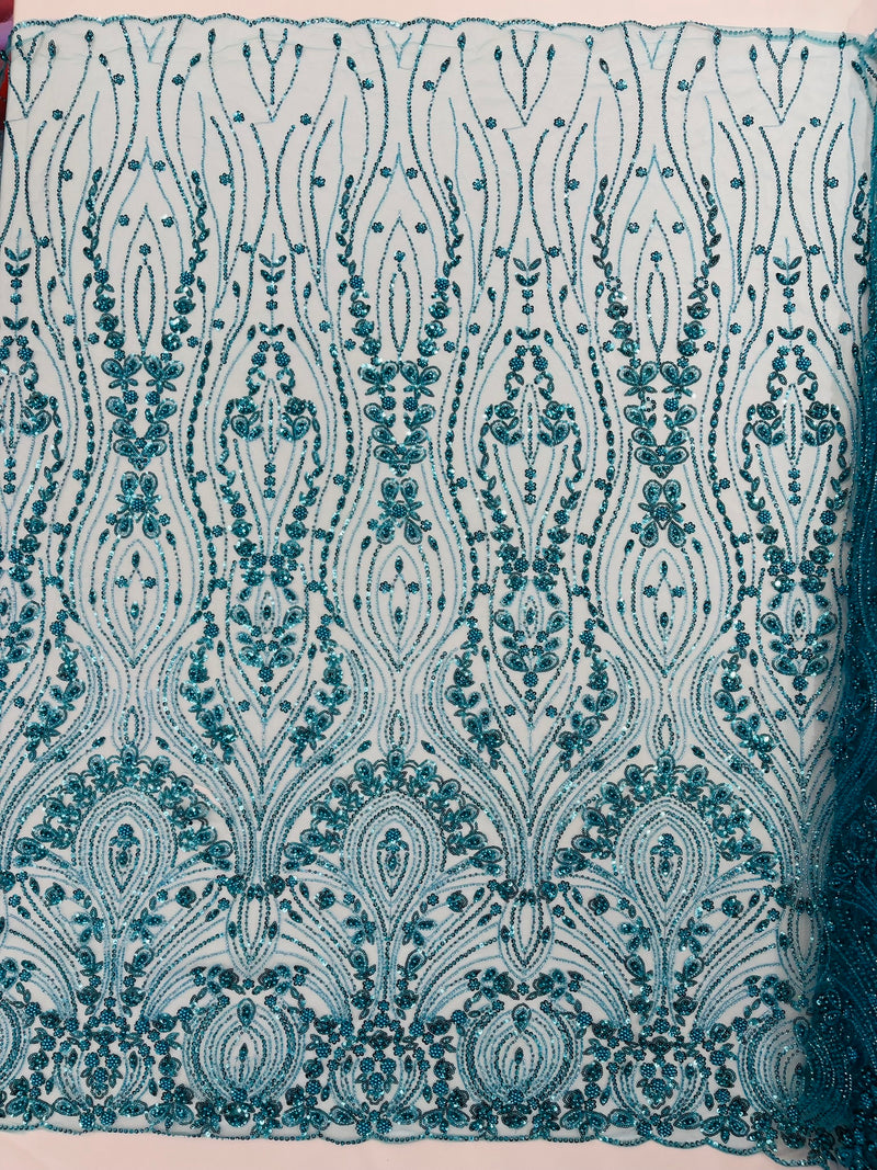 Modern Luxury Beaded Fabric Embroidered on a Mesh Lace, Sold by The Yard.