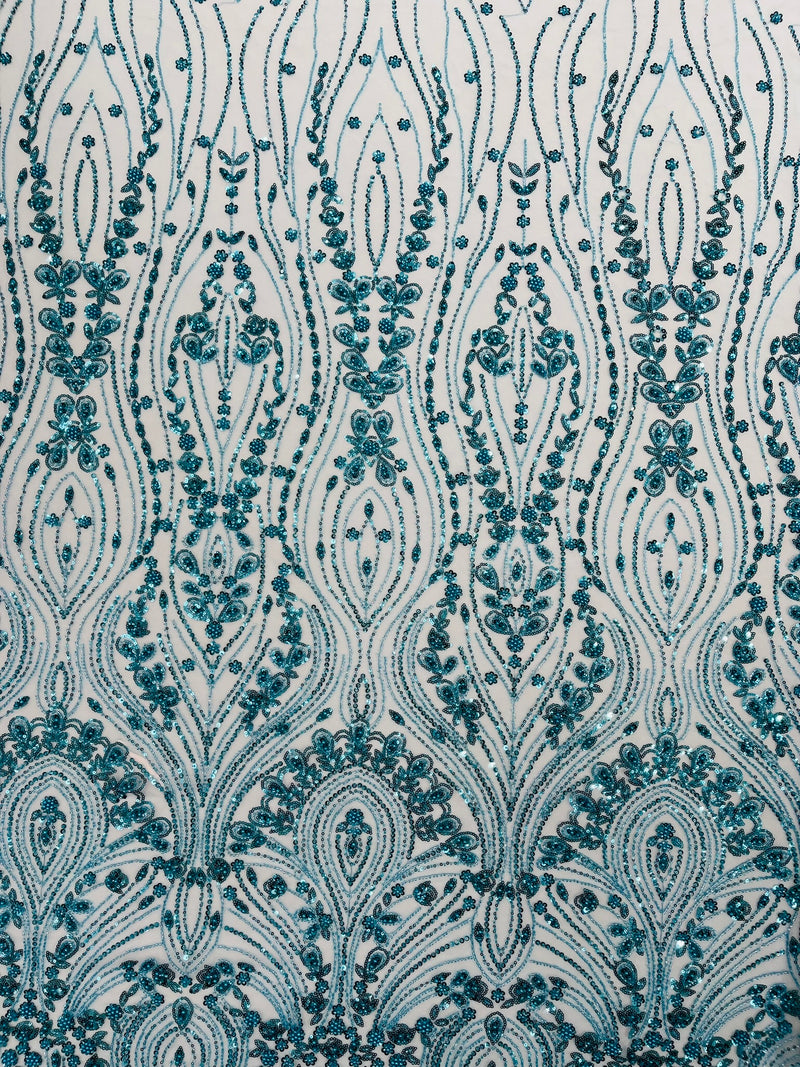 Modern Luxury Beaded Fabric Embroidered on a Mesh Lace, Sold by The Yard.