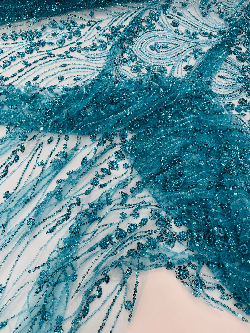 Modern Luxury Beaded Fabric Embroidered on a Mesh Lace, Sold by The Yard.