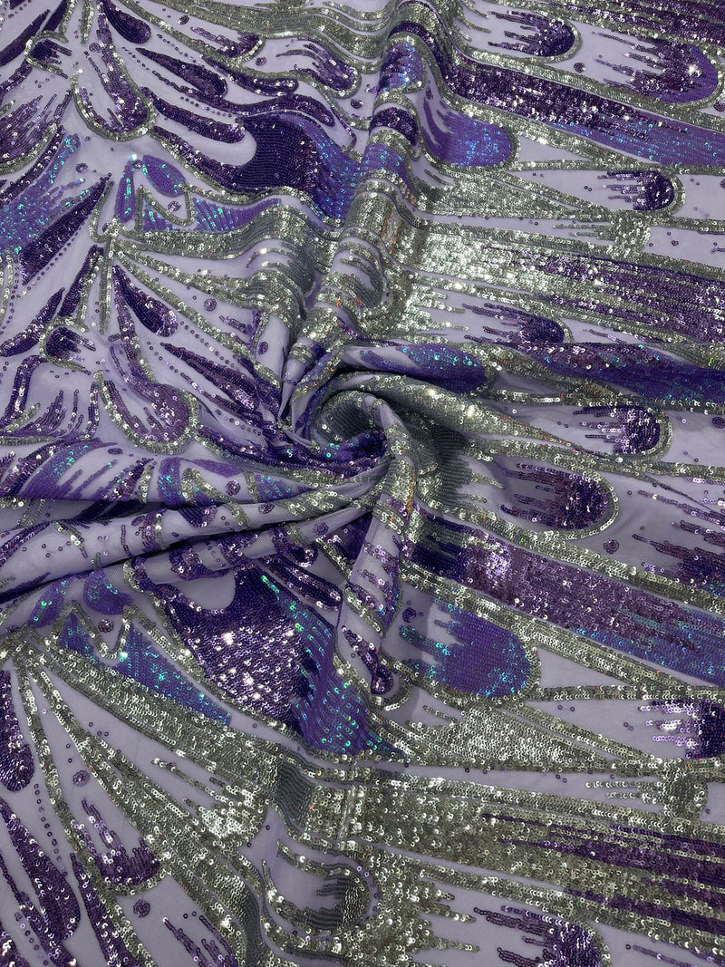 Iridescent Feather sequin design, 4 way stretch mesh ( by the yard )