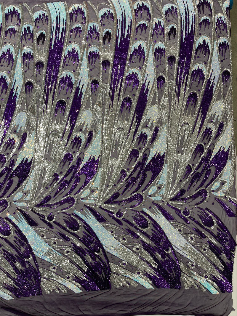 Iridescent Feather sequin design, 4 way stretch mesh ( by the yard )