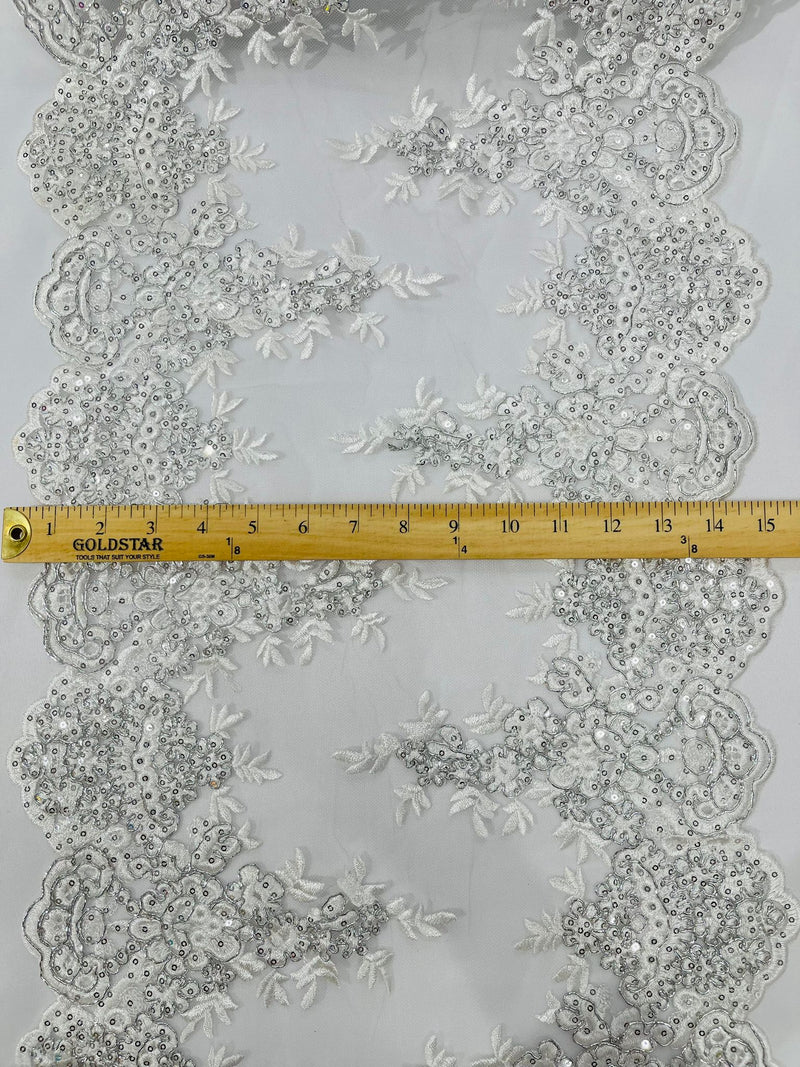 14"Wide Sequins Metallic Embroidered Lace on Mesh Fabric, Trim Lace, Table Runner. Sold By The Yard.