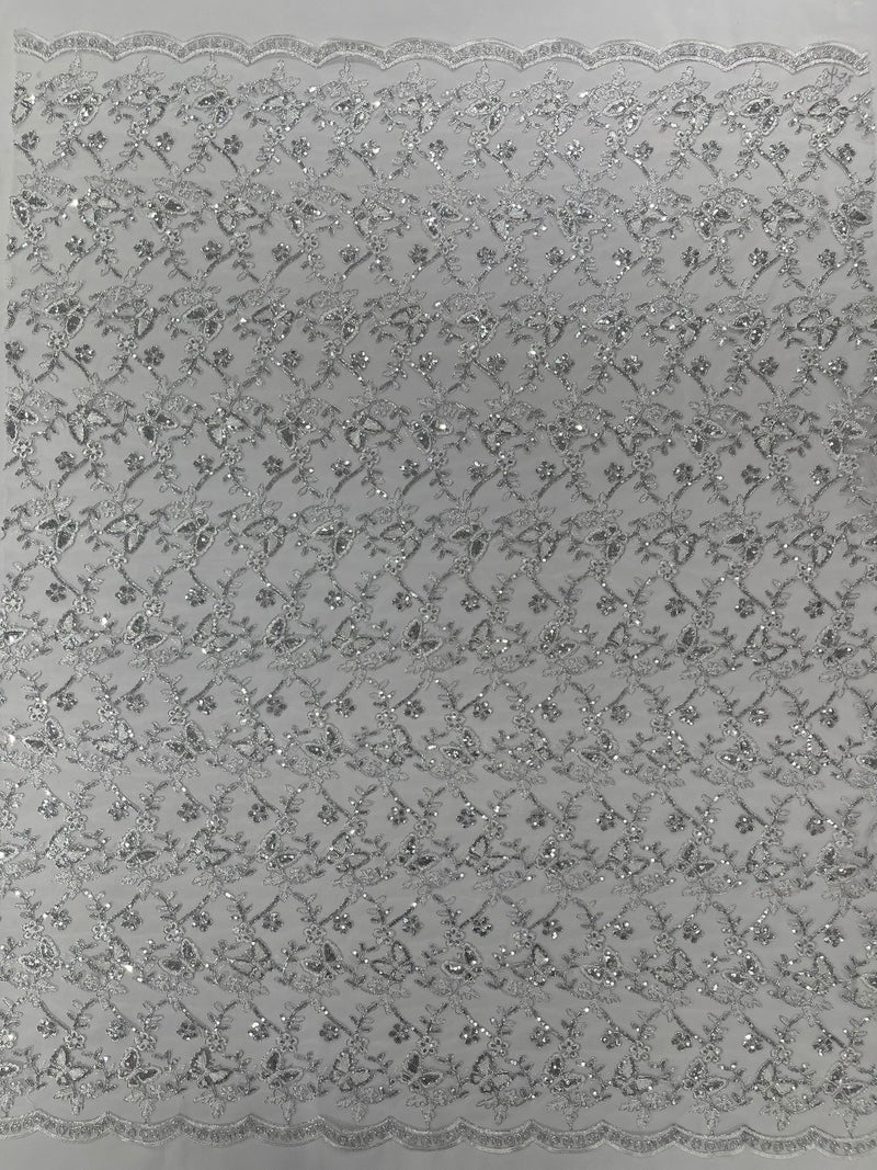 Corded Lace/ Butterfly Design Embroidered With Sequin on a Mesh Lace Fabric